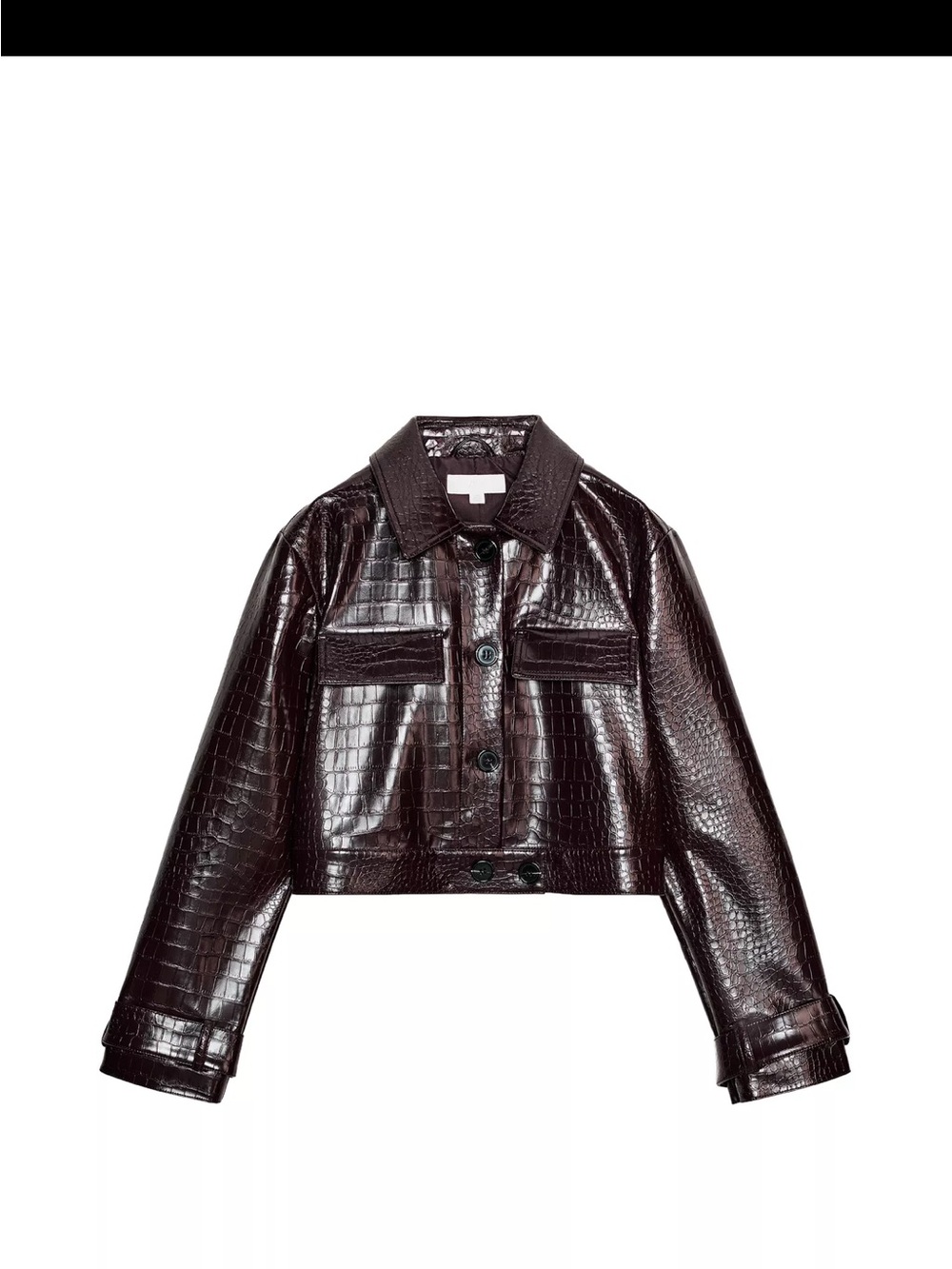 Zara Croc-Embossed Faux Leather Cropped Jacket in Dark Brown